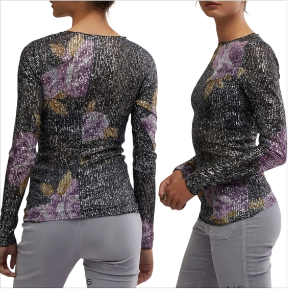 Free People Black and Purple Floral Sequin Long Sleeves Blouse Top - Picture 2 of 10